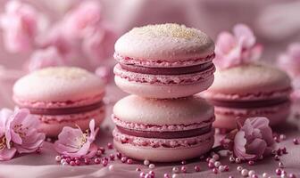 AI generated Pink french macarons or macaroons with almond petals and powder sugar photo