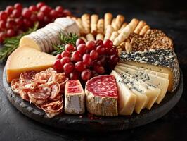 AI generated Cheese plate served with grapes jam crackers and nuts on wooden background photo