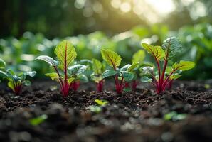 ai generado joven raíz de remolacha plantas creciente en el vegetal jardín foto