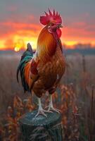 ai generado gallo en pie en tocón a puesta de sol foto
