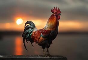 AI generated Rooster standing on pier at sunset photo