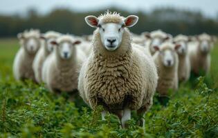 AI generated Sheep stands in front of flock in green pasture photo