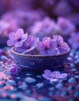 AI generated Purple flowers in bowl with water drops photo