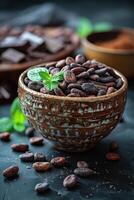AI generated Cocoa beans in bowl. Roasted cocoa beans in bowl photo