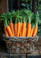 AI generated Fresh carrots in basket on wooden table photo