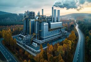 AI generated Large power plant with smoking chimney stands on the banks of river in forest in autumn. photo