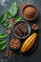 AI generated Cocoa beans cocoa powder cocoa butter and cocoa pod on black background photo