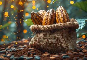 AI generated Cocoa Beans and Cocoa Fruits Fresh cocoa pod cut exposing cocoa seeds photo