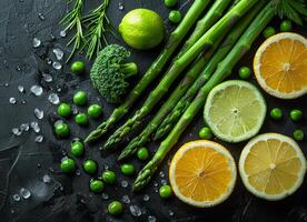 AI generated Fresh green asparagus and lemon on black background photo