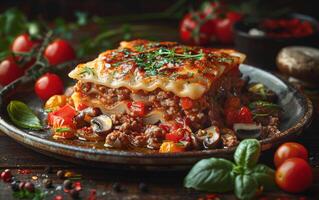 AI generated Portion of tasty spicy beef lasagne with melted cheese served on rustic plate with fresh basil and tomatoes photo