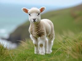 AI generated Cute little lamb. The lamb is looking at the camera in field near the ocean photo