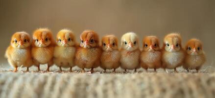 AI generated Chicks in row. A small line of small chickens standing photo