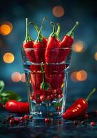 AI generated Red hot chili peppers in glass photo