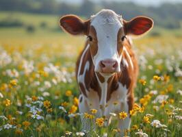AI generated Young calf is standing in field of flowers photo