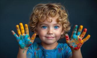 ai generado niño muestra su manos cubierto en pintar foto