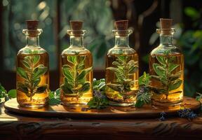 AI generated Four bottles of tincture with fresh herbs on wooden table in the garden photo