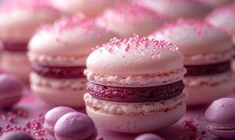 AI generated Pink macaroons with pink sugar sprinkles on pink background photo