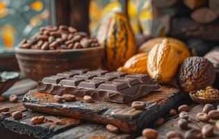 AI generated Chocolate pieces and cocoa beans on wooden table photo