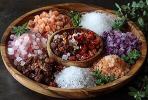 AI generated Wooden bowl filled with various types of salt and wooden spoon photo