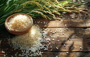 AI generated Jasmine rice in wooden bowl with rice plant on old wood background photo