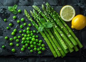 AI generated Fresh green asparagus and green peas on black stone board top view photo