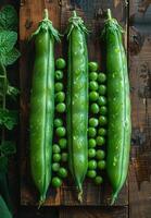 AI generated Peas and broad beans on wooden board photo