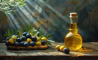 AI generated Olives and olive oil on the wooden table photo