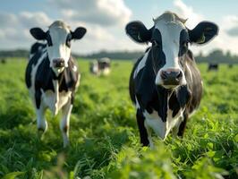 ai generado vacas en pie en campo. un dos negro y blanco vacas en un verde herboso campo foto