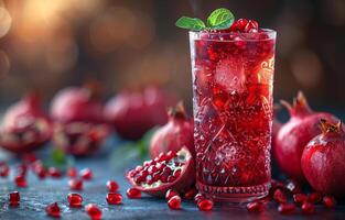 AI generated Pomegranate juice with fresh pomegranate fruits and ice cubes in glass photo