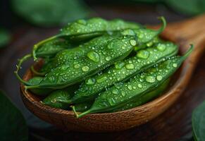 AI generated Fresh raw green shishito peppers in wooden spoon on dark background photo