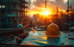 AI generated Yellow hard hat and blueprints on the construction site with sunset background photo