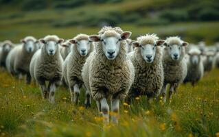 AI generated Large herd of sheep. A sheep herd on grassy background photo