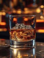 AI generated Glass of whiskey with ice cubes on the bar counter photo