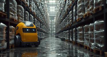 AI generated Autonomous mobile robot driving on the warehouse floor. photo