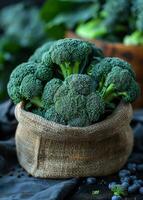 AI generated Fresh broccoli in burlap bag on wooden table photo