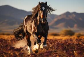 ai generado hermosa fuerte caballo carreras en el pradera a puesta de sol foto