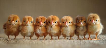 ai generado polluelos son en pie en fila. un pequeño línea de pequeño pollos en pie foto