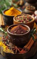 AI generated Spices for cooking with kitchen accessories on old background photo