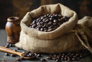 AI generated Roasted coffee beans in burlap bag on wooden table background with copy space photo