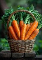 AI generated Fresh organic carrots in basket on wooden table photo