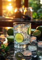 AI generated Glass of gin and tonic with lime and ice cubes photo