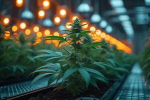 AI generated Cannabis plant grows under bright lights in greenhouse. photo