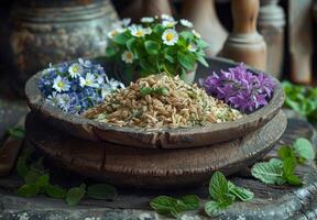 AI generated Wild herbs and flowers in wooden bowl photo