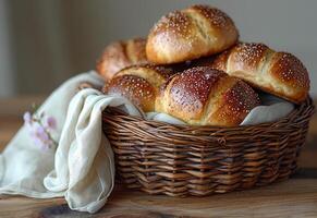 AI generated Freshly baked challah bread in basket photo