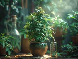 AI generated Indoor Marijuana plant in flowerpot. Medical marijuana concept photo