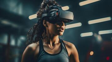 AI generated a beautiful woman engaged in a virtual workout with the fusion of technology and fitness photo