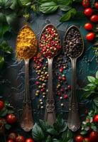 AI generated Spices and herbs on dark background photo