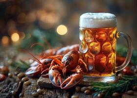 ai generado frío cerveza vaso con camarón y cangrejo de río en de madera mesa foto