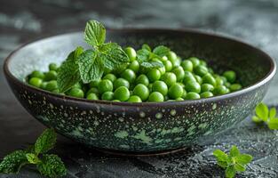 AI generated Green peas in bowl on dark background photo