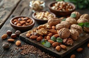 AI generated Different types of nuts in the wooden bowl on the table photo